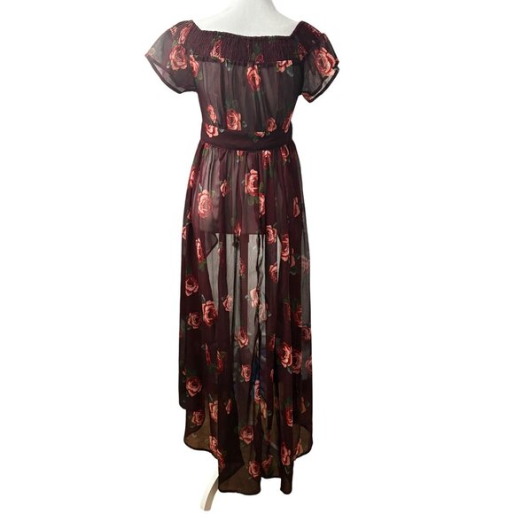 Floral Sheer Burgundy High-Low Maxi Kimono With Off-Shoulder Design Size S - Picture 3 of 10